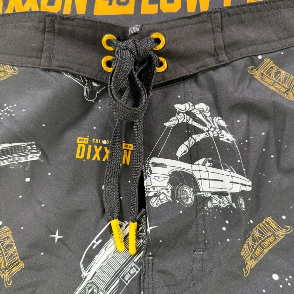 Dixxon Flannel Co Low Places Board Shorts Men 40 Lowrider Car Print Black Yellow